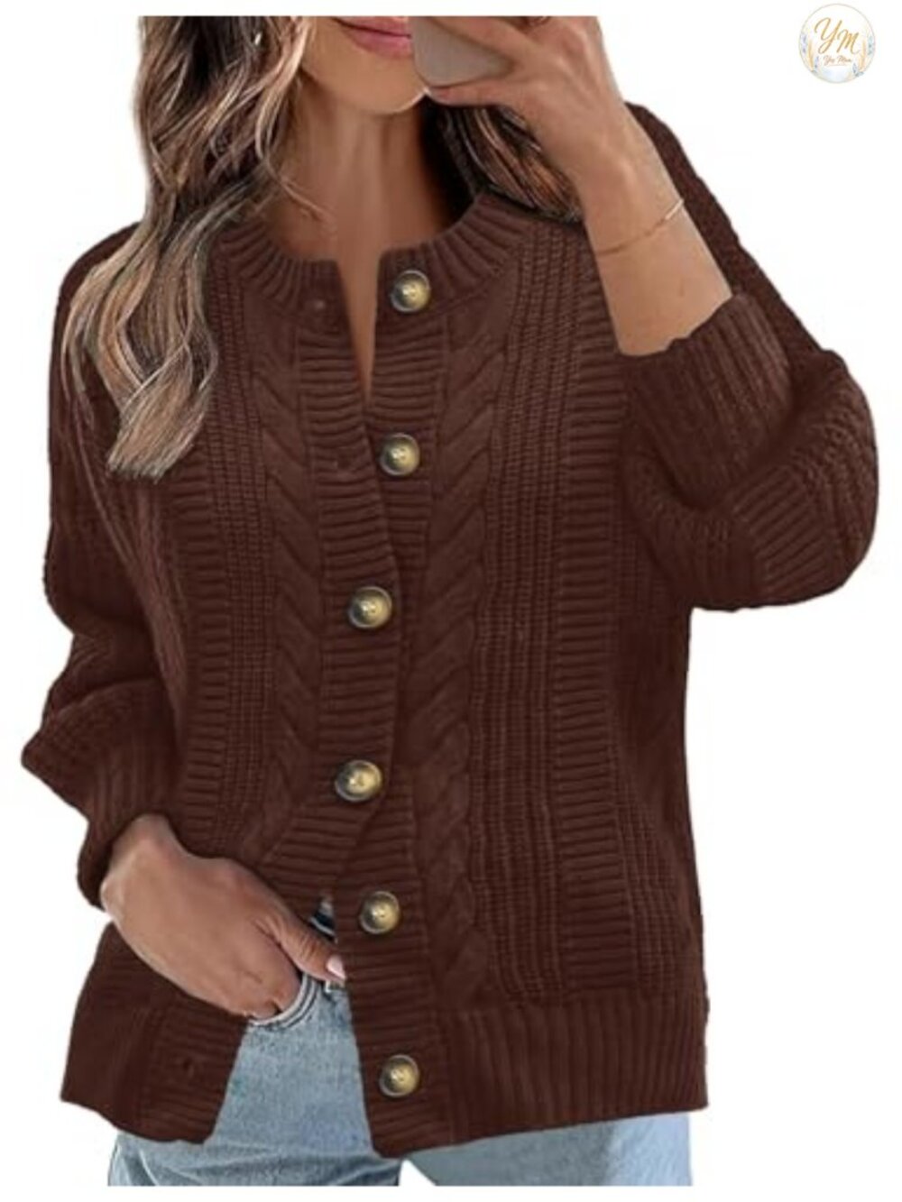 Cable Knit Open Front Cardigan Balloon Sleeve Button Sweater